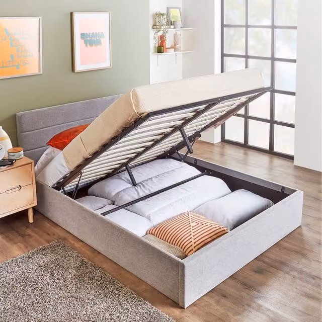 Home Treats Grey Upholstered Ottoman Storage Bed with Hybrid Mattress, W/D/H: 140 x 200 cm