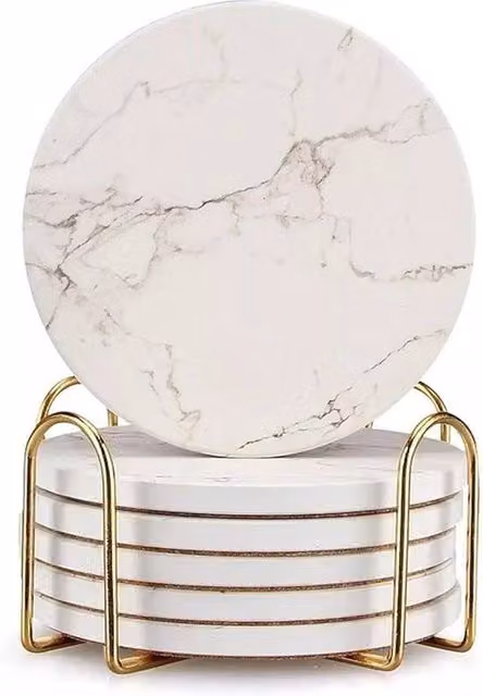 SPETLEK 6-Piece White Marble Pattern Ceramic and Cork Round Drink Coasters with Holder