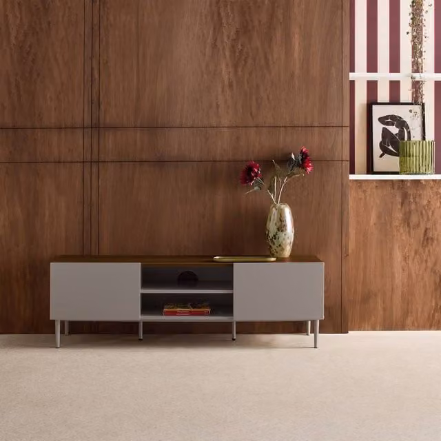 sweeek Modern Metal and Wood TV Stand with 2 Doors in Grey and Walnut, W/D/H: 140 x 40 x 44 cm – 1