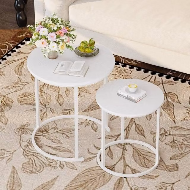 Huhote Modern Round Nesting Coffee Tables Set of 2 with White Metal Frame and White Wood Finish