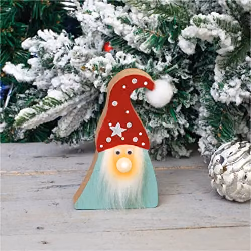 St Helens Home & Garden Brown Wooden Gonk Christmas Decoration with Light Up Nose and Fluffy Beard – 1