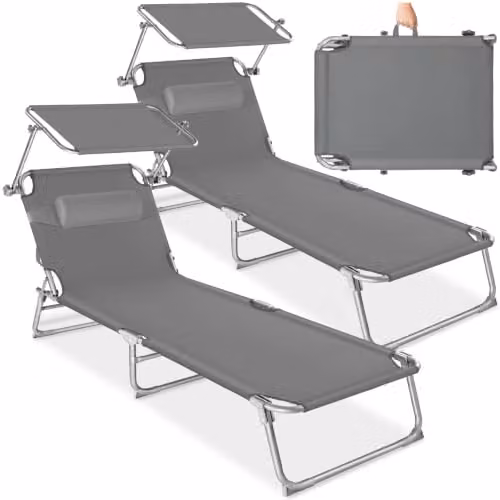 tectake Set of 2 Folding Sun Loungers in Grey with Sun Canopy and Adjustable Headrest, W/D/H: 190 x 68 x 111 cm – 1