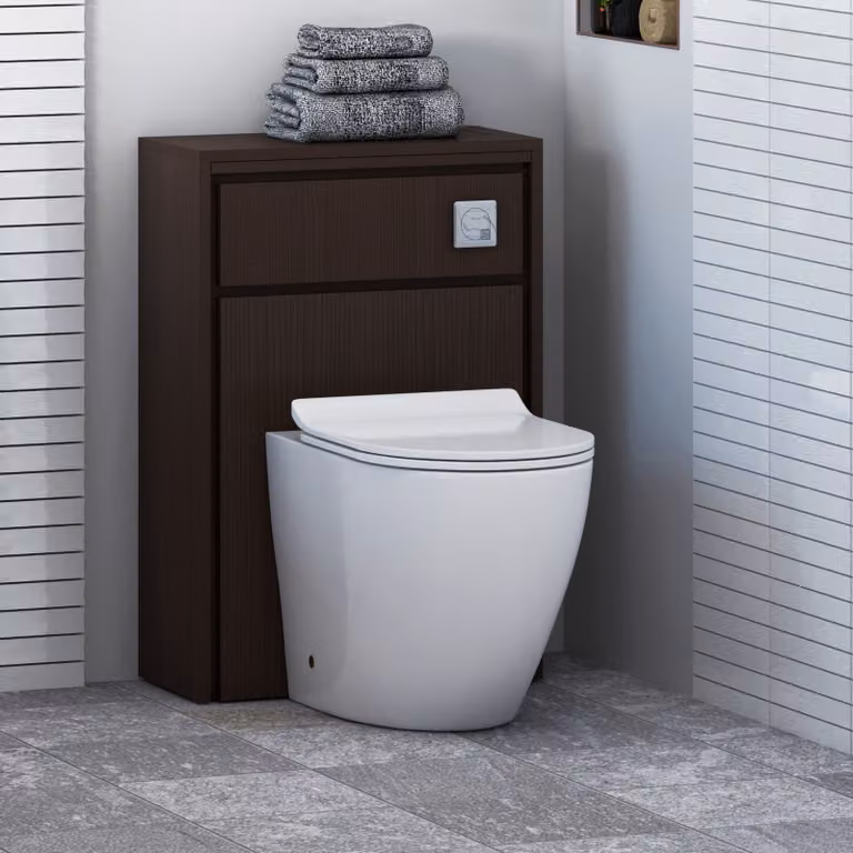 Livora BTW WC Unit with Elva Rimless Toilet Pan, Slim Seat and Cistern in Walnut Woodgrain and White, W: 55.5 cm