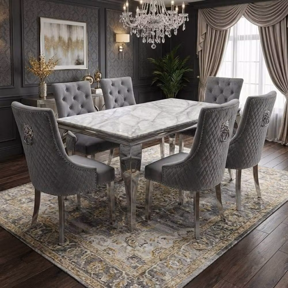 Home Luxe Interior Sofia Grey Marble Dining Table and 6 Minister Grey Lion Chairs, Width: 180 cm – 2
