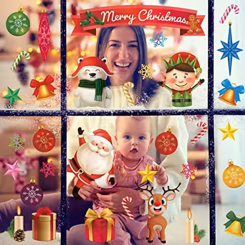 WALPLUS Christmas Window Stickers, 59 Piece Reusable Double-Sided Multicolour Xmas Window Clings with Stars for Holiday Party Decorations – 2
