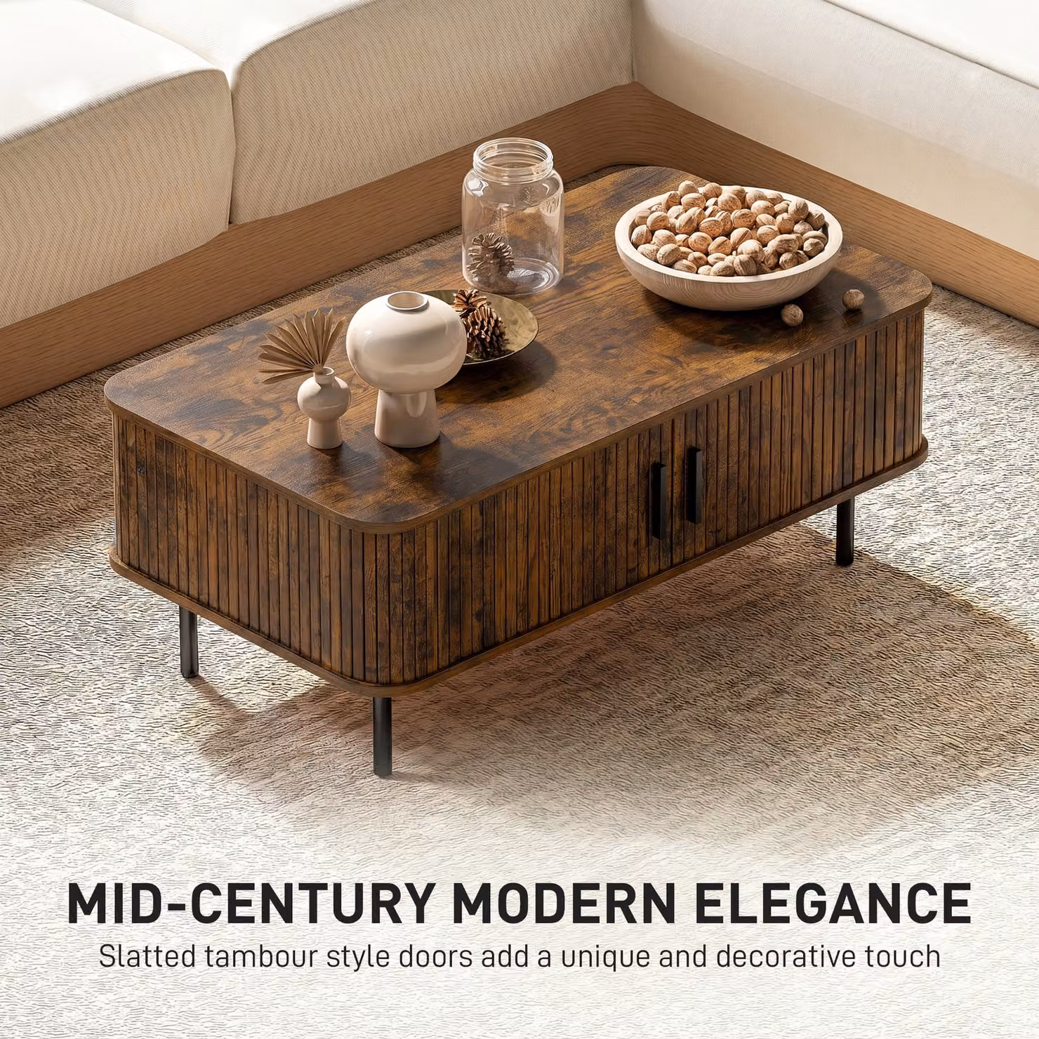 HOMCOM Rectangular Coffee Table with Storage and Slatted Tambour Sliding Doors in Brown – 3