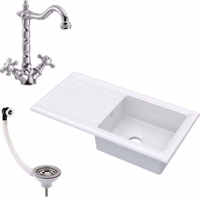 Balterley White Ceramic Fireclay Drop In 1 Bowl Sink with Drainer Tap Waste, Width: 1010 mm – 1