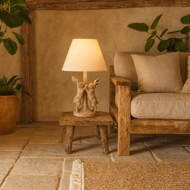 Wyld Haus Stonewashed Marching Hares Table Lamp with Brown Linen Shade