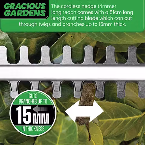 Gracious Gardens 18V Cordless Reciprocating Hedge Trimmer with 51cm Blade, Rechargeable Battery and Charger in Green and Grey – 4