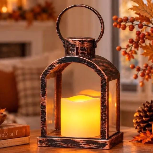 Marco Paul Vintage Bronze Hanging Table Lantern with LED Pillar Candle – 1