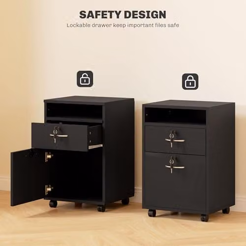 HOMCOM Lockable Filing Cabinet with 2 Drawers and Open Shelf in Black – 5