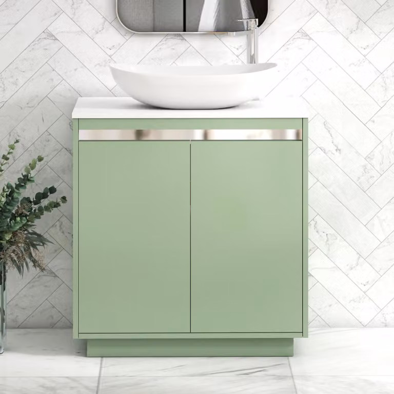 Royal Bathrooms Orion 800mm Mint Sage and White Floor Standing 2 Door Vanity Unit with Cesar Basin and Chrome Accent Trim