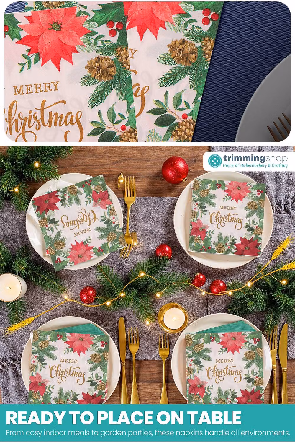 Neel Blue Christmas Disposable Paper Napkins with Reindeer, Flower and Leaves, 20 Pack, 33 cm – 4
