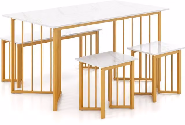 Costway Modern Rectangular Dining Table and Benches Set in White and Gold