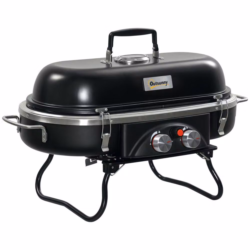 OUTSUNNY Foldable 2 Burner Gas BBQ Grill with Thermometer, Black, W/D/H: 66 x 37 x 34.5 cm – 2