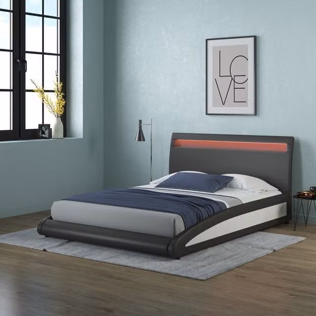 SlumberWorx Modern Upholstered Faux Leather Bed Frame in Black and White, W: 147 cm