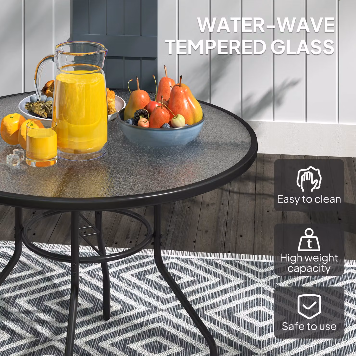 OUTSUNNY Round Outdoor Dining Table with Tempered Glass Top and Parasol Hole, Black, Diameter: 100 cm – 4