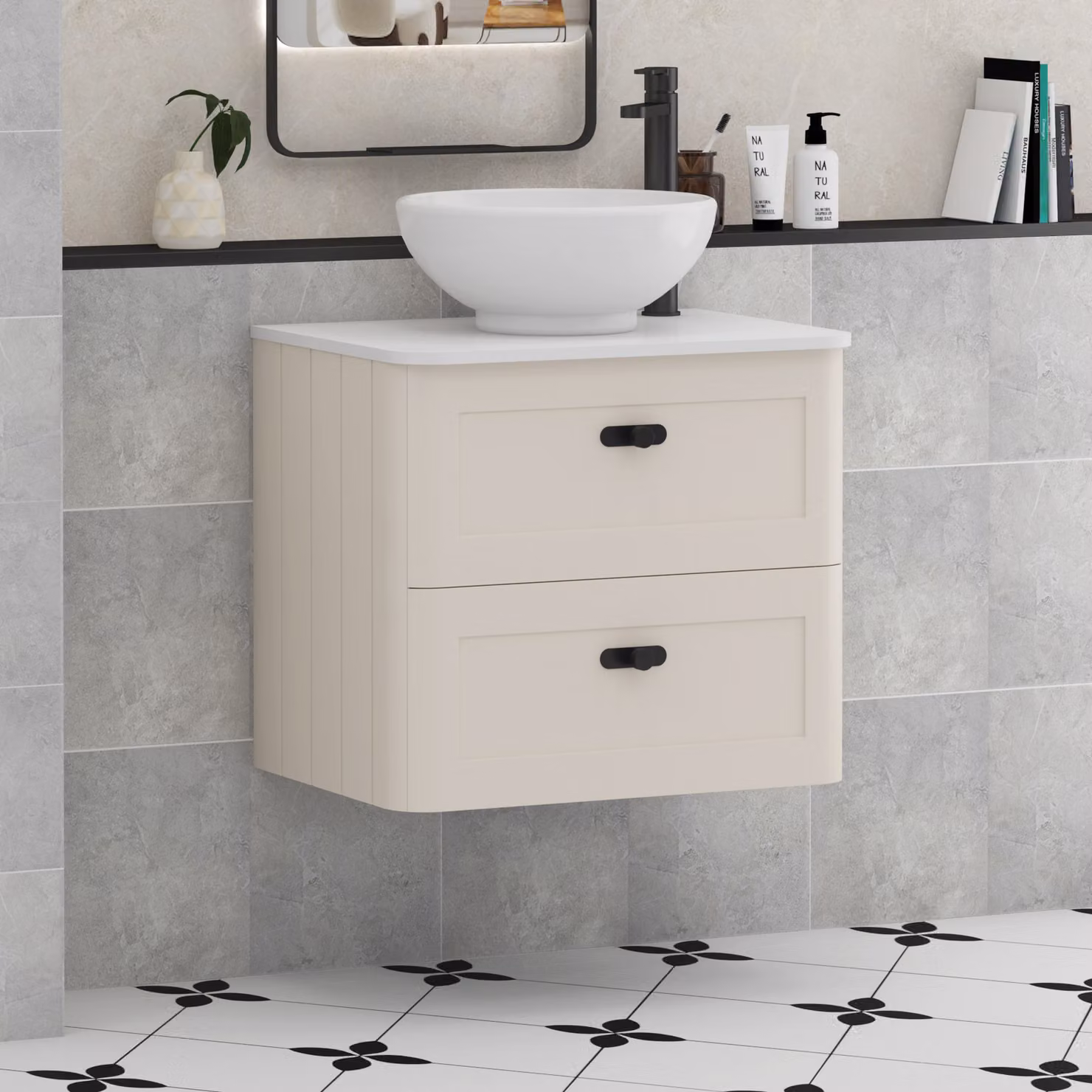 Royal Bathrooms Henley 600mm Wall Hung Vanity Unit in Mushroom Cashmere with 2 Drawers, Plain White Worktop, Breeze Basin and Matt Black Knob