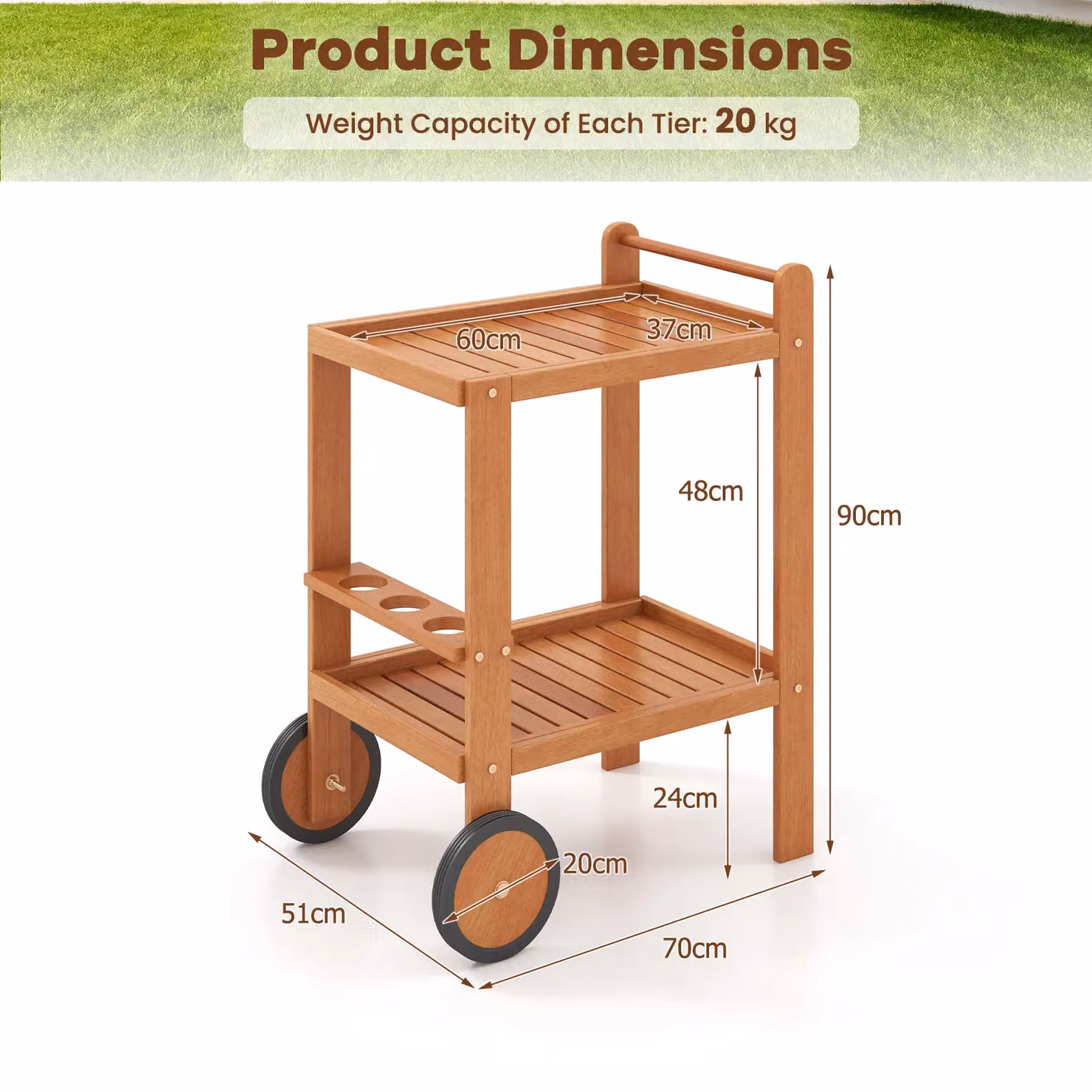 Gymax 2-Tier Wood Rolling Bar Cart with Wine Bottle Holders in Beige and Brown – 2