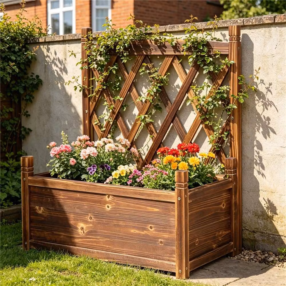 NESTLUNE Brown Wooden Raised Garden Bed with Trellis Planter Box, W/D/H: 64 x 37 x 76 cm – 2