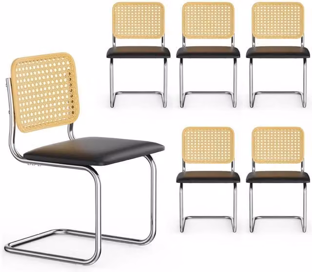 VonHaus Bridgewater Set of 6 Mid-Century Dining Chairs with Cantilever Frame in Black Faux Leather and Natural Rattan
