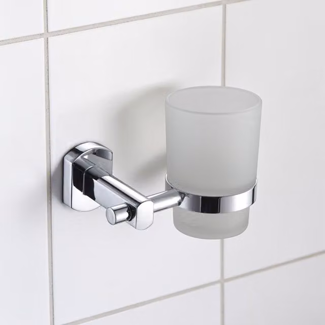 Showerdrape Admiralty Chrome Stainless Steel and Glass Wall Mounted Toothbrush Holder with Tumbler in Silver