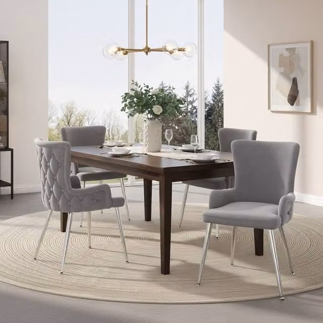 Rolipo Set of 4 Grey Velvet Dining Chairs with Silver Metal Legs – 1