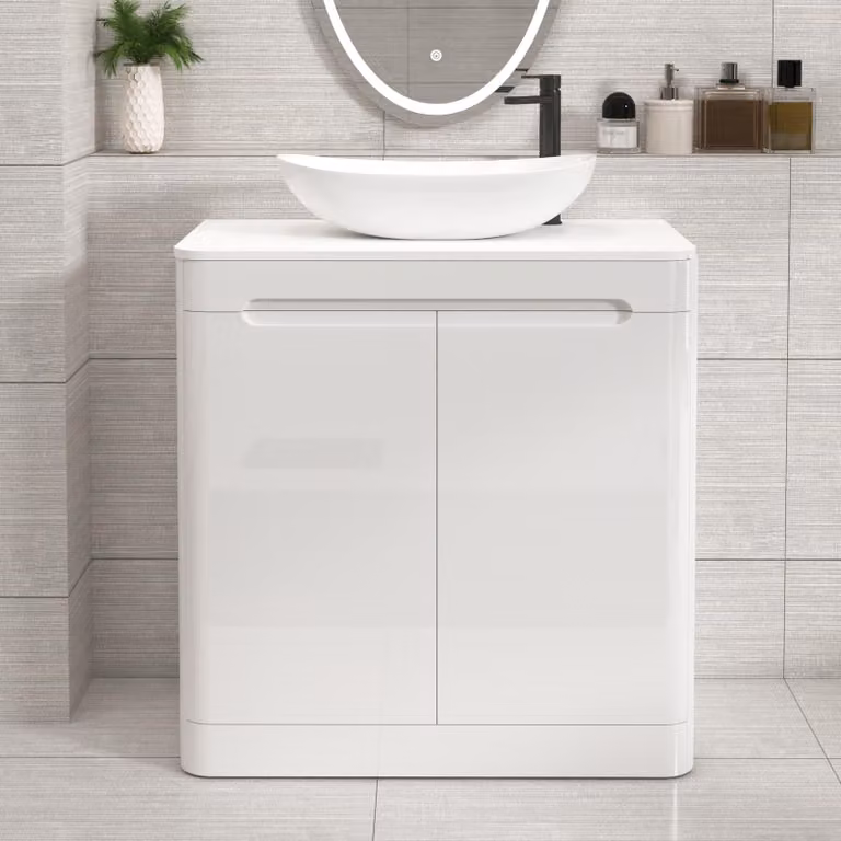 Royal Bathrooms Venice 800mm Gloss White Floor Standing 2 Door Vanity Unit with Cesar Basin and Plain White Worktop