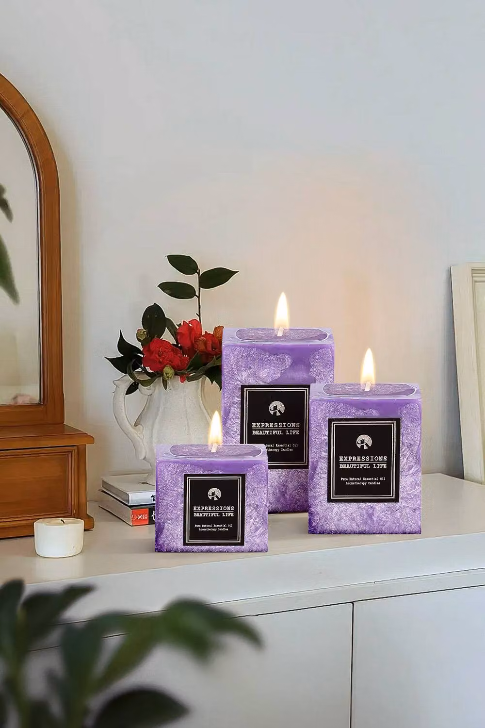 Living and Home 3-Piece Lavender Scented Pillar Candle Set in Purple – 2