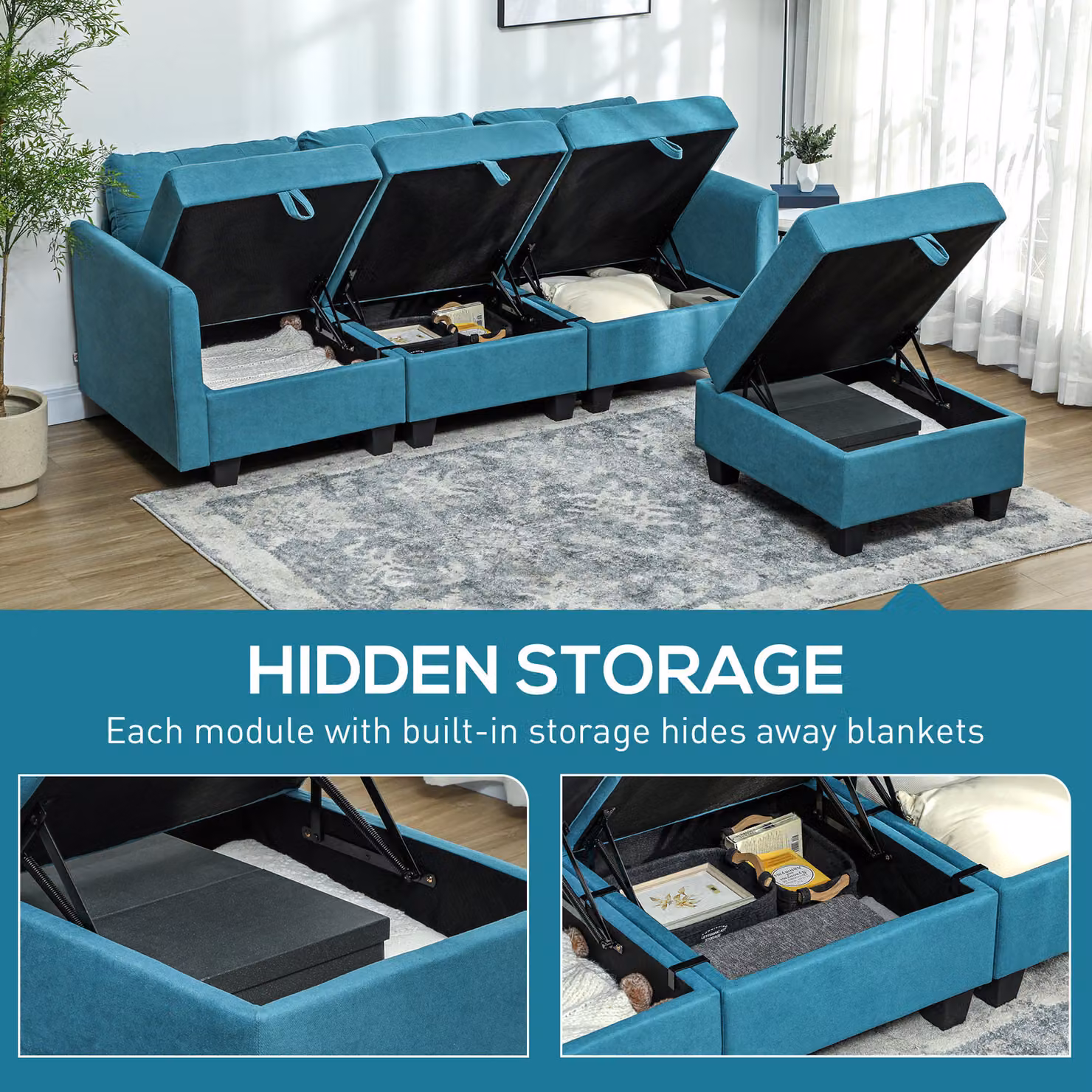HOMCOM Reversible L-Shape Modular Sofa with Storage in Blue – 5