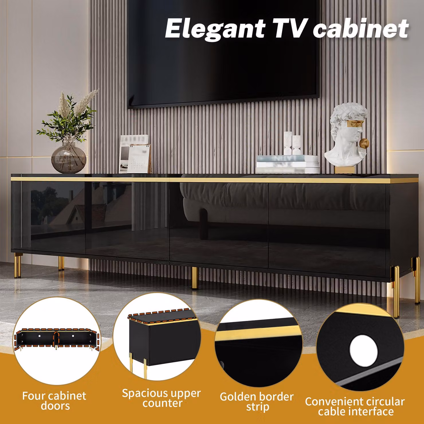 Aosom UK Black and Gold Minimalist TV Stand with 4-Door Storage, W: 170 cm, D: 38 cm, H: 50 cm – 3