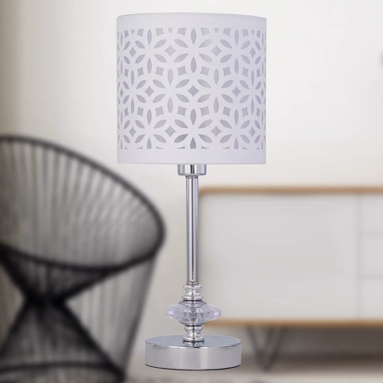 First Choice Lighting Set of 2 Chrome Table Lamps with White Fabric Shades in Silver – 2