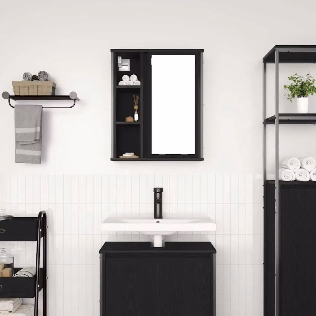 Berkfield Home Black Oak Bathroom Wall Cabinet with Mirror and Internal Shelves W/D/H: 50 x 21 x 60 cm – 3