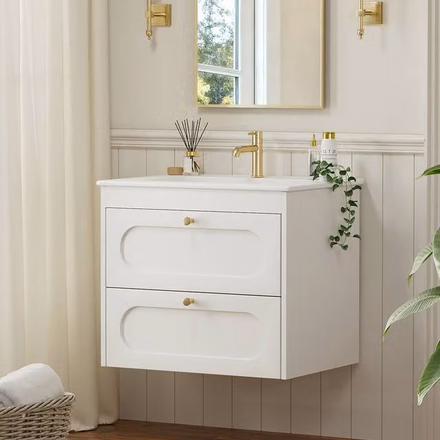 KEEPREAPER Sleek Mid-Century Under Sink Bathroom Cabinet with White Ceramic Wash Basin and Gold Details