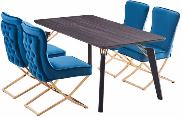 Life Interiors Cosmo LUX Modern Rectangular Dining Set with Table and 4 Chairs in Blue, Black and Gold
