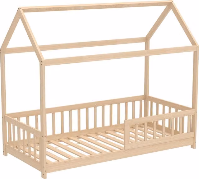 HOMCOM House-Shaped Kids Bed Frame in Natural Solid Pine Wood with Guard Rails, 90x190 cm – 1