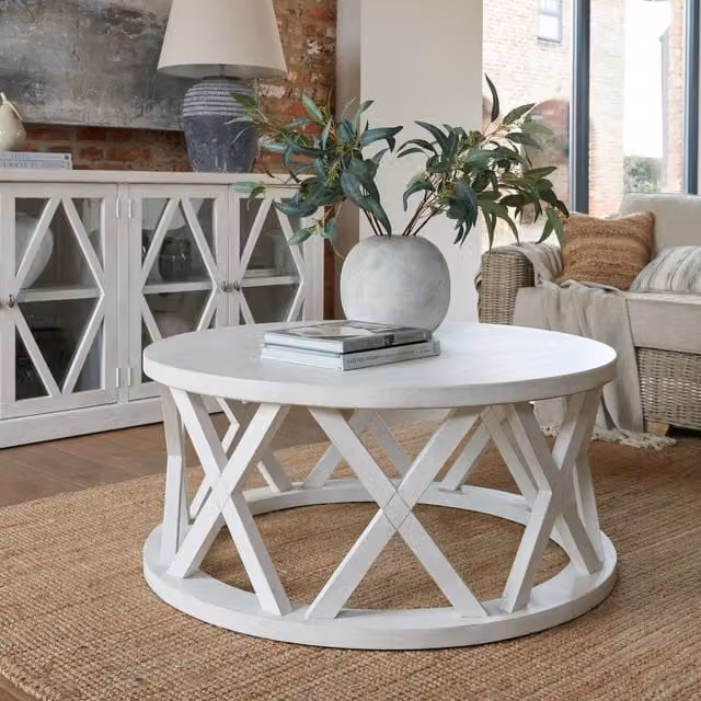 KDMK White Round Pine Wood Coffee Table with Geometric X-Frame Design