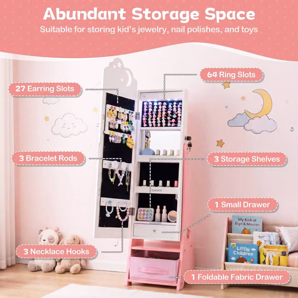 Costway Kids Jewelry Cabinet with LED Lighting and Full-Length Mirror in White – 5