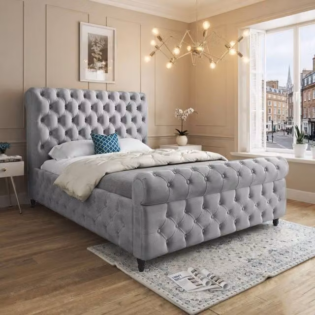 KDMD Tiddington Sleigh Upholstered Designer Bed Frame in Grey Silver Velvet, Size: Single (W/D/H: 90 x 200 cm) – 1