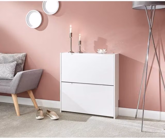 FORGEVIO White High Gloss Narrow 2 Tier Freestanding Shoe Cabinet with Tilting Compartments