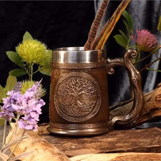 Nemesis Now Bronze Tree of Life Tankard Mug in Bronze and Brown Resin and Stainless Steel, Height: 14.5 cm