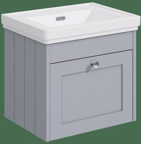 Balterley 500 mm Wall Hung 1 Drawer Unit and Classic Basin with No Tap Hole in Satin Grey – 1