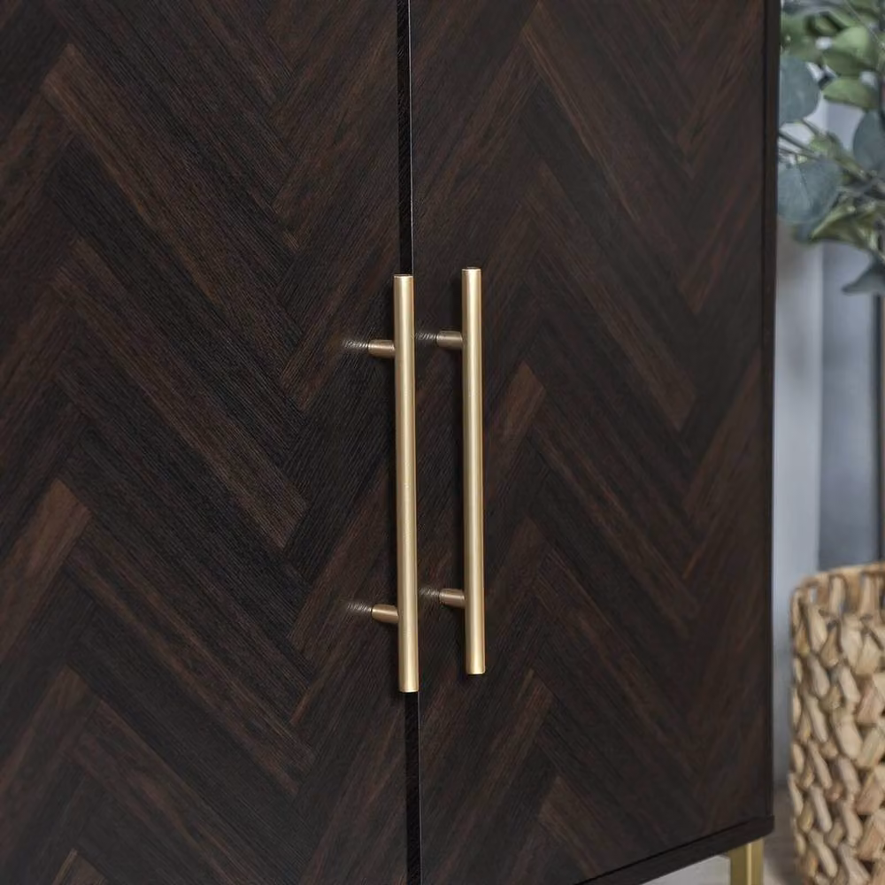 Havendro Walnut Brown Parquet Sideboard with 2 Doors and Gold Accents, W: 80 cm, H: 39 cm, D: 80 cm – 4