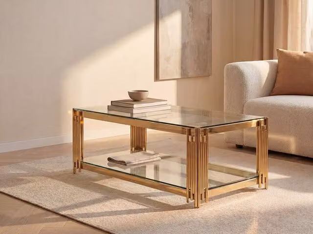 Vente-unique NOMELANO Gold Tempered Glass and Stainless Steel Coffee Table, W/D/H: 63.5 x 63.5 x 45.5 cm