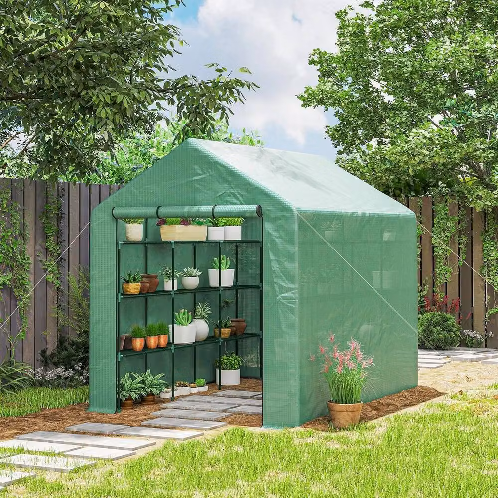 NESTLUNE Green Metal Walk-in Garden Greenhouse Shelves, W: 100 cm, D: 15 cm, H: 15 cm – 2