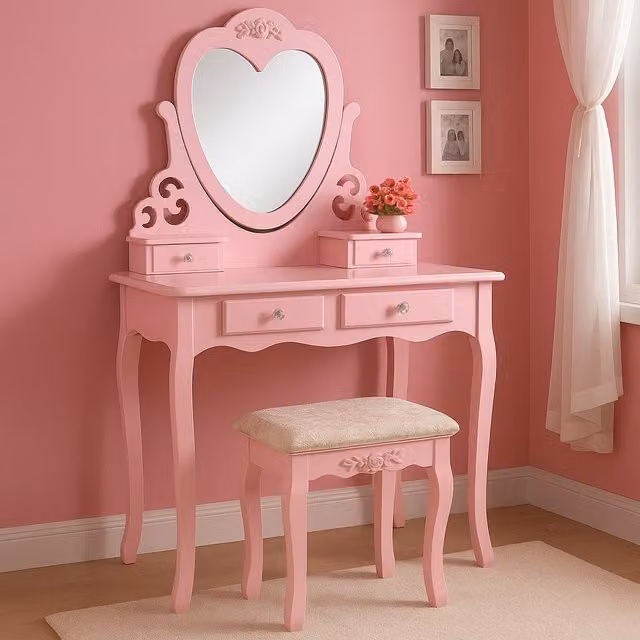 KOSY KOALA Pink Love Heart Dressing Table with Mirror and Stool, W/D/H: 130 x 40 x 75 cm – 1