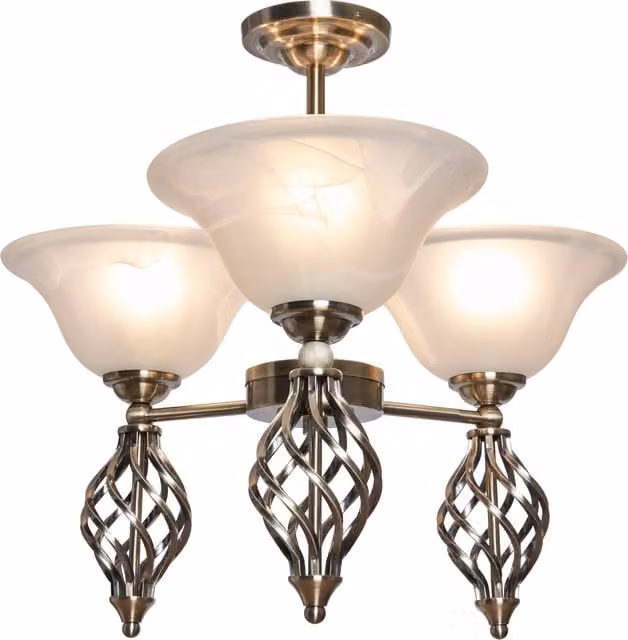 Litecraft Alabaster 3 Light Spiral Semi Flush Ceiling Light in Antique Brass