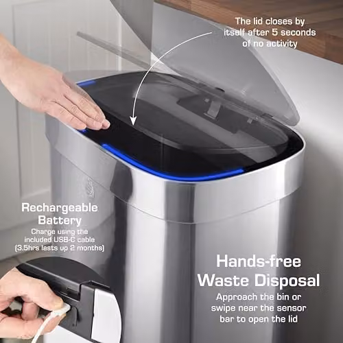 Swan 80L Rectangular Sensor Bin in Silver, W: 44.0 cm, D: 29.8 cm, H: 77.5 cm – 5