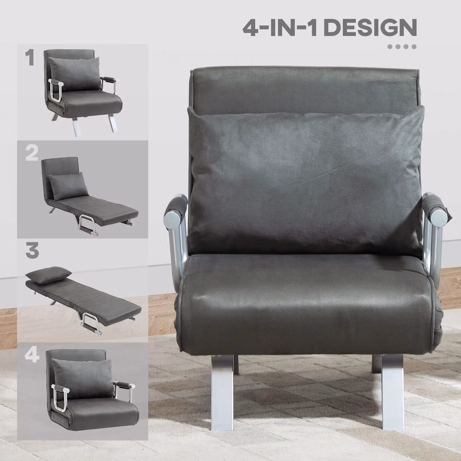 HOMCOM Single Folding 5 Position Convertible Sleeper Chair Bed in Dark Grey Microfibre – 5