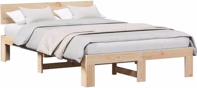 Berkfield Home Modern Bed Frame with Headboard in Natural Solid Pine Wood W/D/H: 200 x 120 x 66 cm